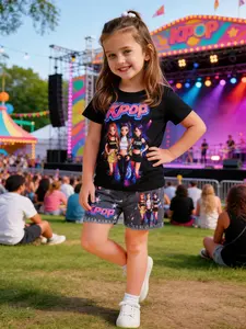 Girls' Clothing Set, Two-Piece K-Pop Girl Print Short Sleeve Top & Faux Denim Shorts, Soft Comfortable Fabric, Perfect for Outdoor Cycling Gift, Fashion Clothes Set