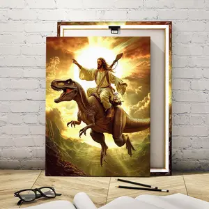 Jesus Riding Dinosaur Pattern Wooden Framed Canvas, Fantasy Divine Ride Trans - era Imagination Poster, Modern Art, Fashion Decoration, Living Room Bedroom Decoration, Ornaments, Wooden Wall Art