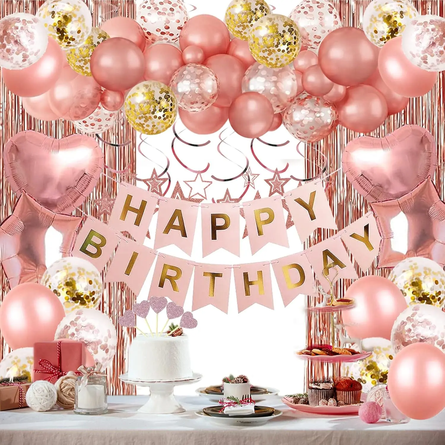 Happy Birthday Pink Letter Balloon Kit,  Birthday Party Foil Curtain Balloon Decoration, Metallic Latex Balloon Heart-Shaped Gold Pink Balloons Set Home Decor
