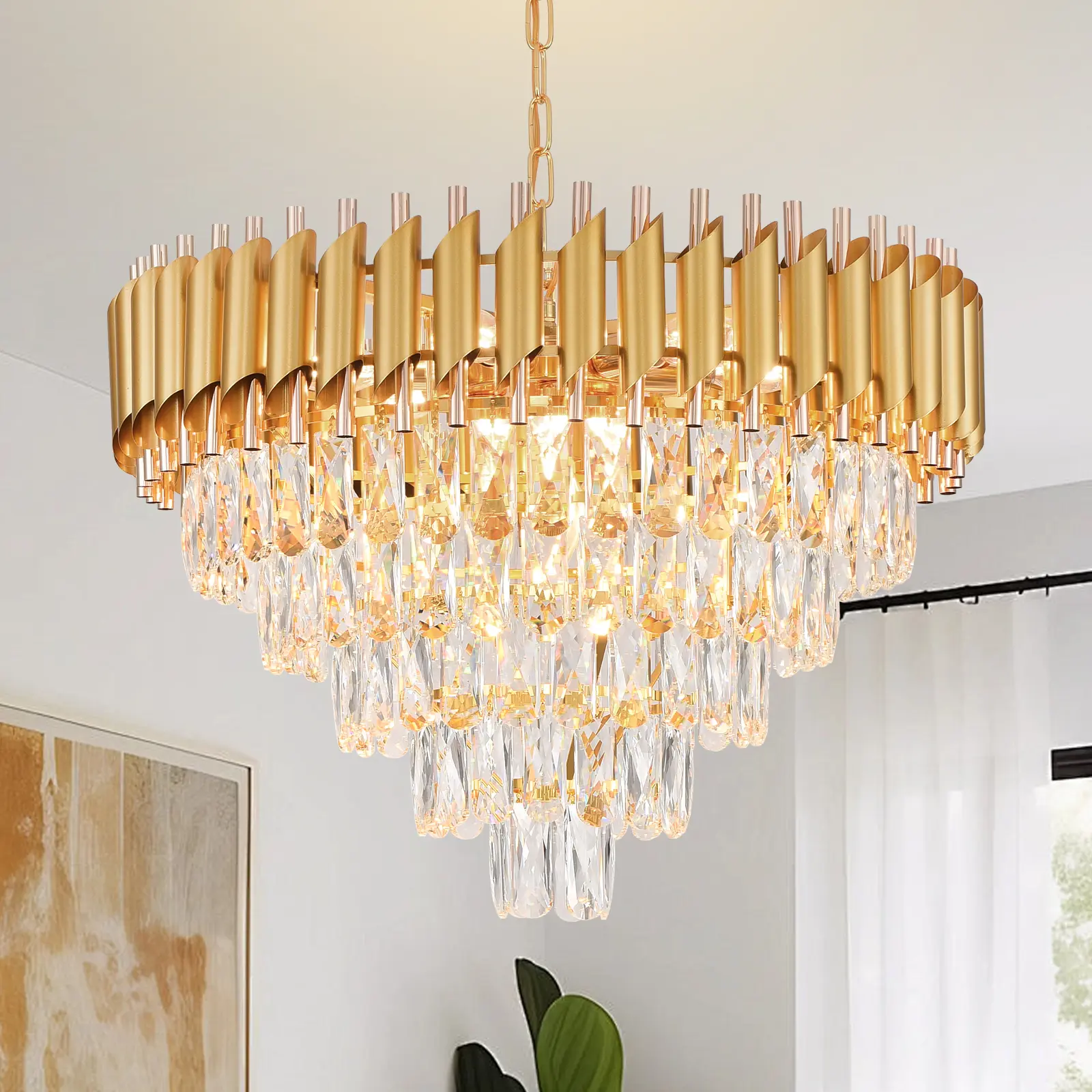 Modern Gold Crystal Chandelier, 5-Tier 23.2-Inch Dimmable Chain-Linked Pendant Light, K9 Crystal E12 Base Fixture for Living Room Dining Room Bedroom, Luxury Home Decor, Bulbs Not Included