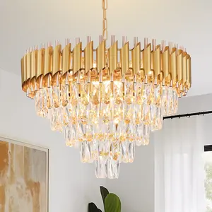 Modern Gold Crystal Chandelier, Dimmable Chain-Linked 5-Tier K9 Crystal 23.2-Inch E12 Chandelier for Living Room/Dining Room/Bedroom/Corridor