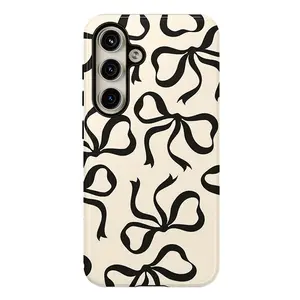 Black Bow Cream-Colored Phone Cases , Shockproof Rugged Cover Dual Layer Soft TPU Hard Bumper Shell for Samsung S26 S25 S24 S23 S22 S21 NOTE20 Ultra A71 A56 A36 Plus FE A06 A13 A14 A15 A16 A23 A25 A26 A34 A52 A53 A54 A55 Edge Girly Gift
