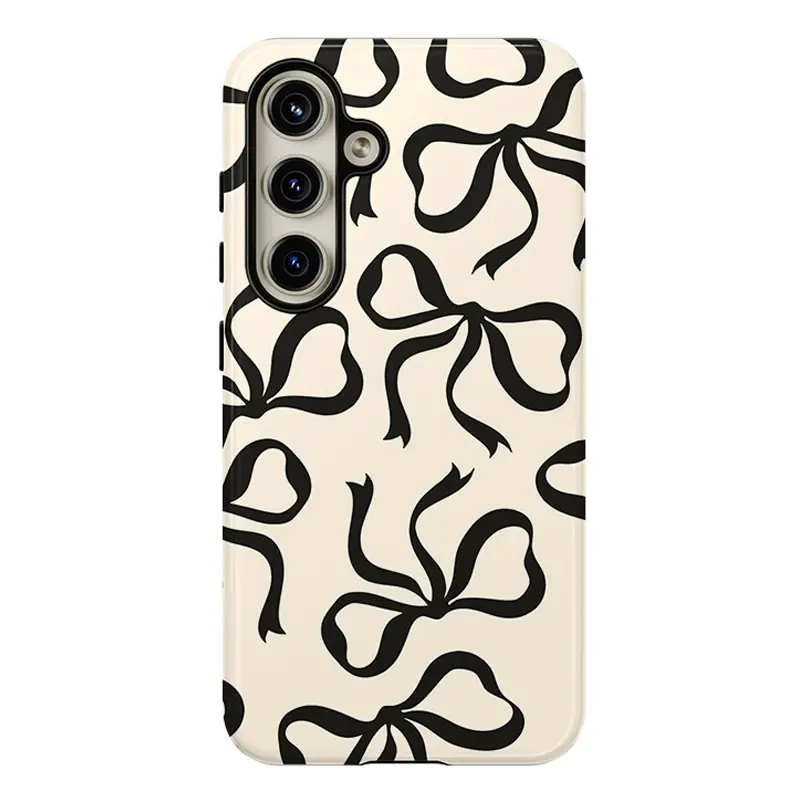 Black Bow Cream-Colored Phone Cases , Shockproof Rugged Cover Dual Layer Soft TPU Hard Bumper Shell for Samsung S26 S25 S24 S23 S22 S21 NOTE20 Ultra A71 A56 A36 Plus FE A06 A13 A14 A15 A16 A23 A25 A26 A34 A52 A53 A54 A55 Edge Girly Gift