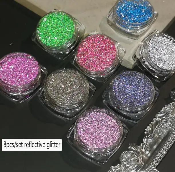 Reflective Glitter Powder Set, 8 Colors Sparkle Diamond Nail Glitter Dust, Silver Pink Purple Green Loose Glitter for Nails, Shiny Sugar Nail Powder Dipping Pigment, Nail Supplies