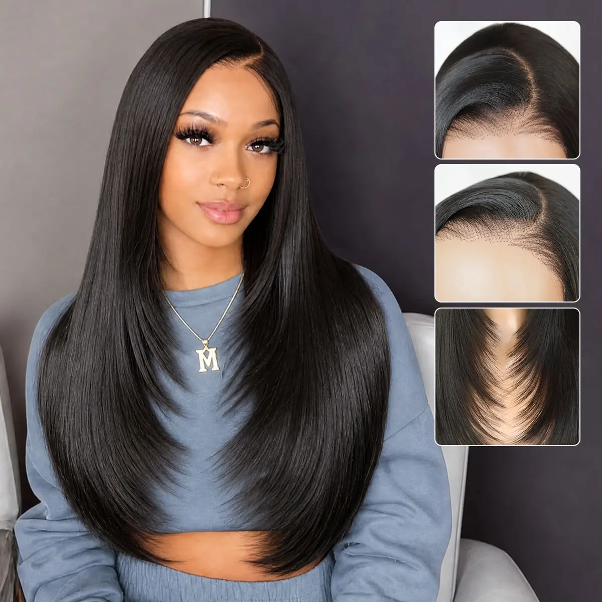 9x7 Glueless C-Part Layered Wig Wear and Go Lace Front Straight Wig Pre Plucked Pre Cut Tiny Knots 9x7 Glueless C-Part Layered Wig Wear and Go Lace Front Straight Wig Pre Plucked Pre Cut Tiny Knots