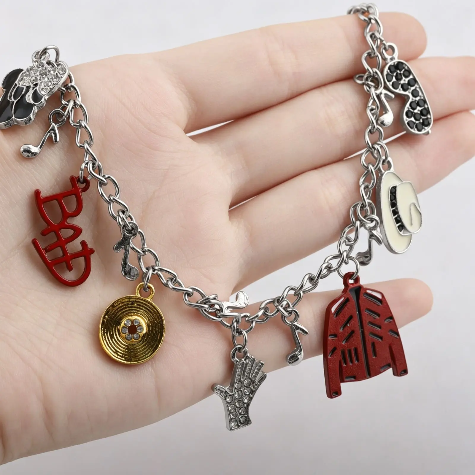 Michael Jackson Charm Bracelet - Red Jacket, "BAD" Logo & Assorted Charms for Fans, Jewelry-Making Accessory, Gift for MJ Enthusiasts