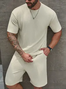 Two-Piece Set Men's Solid Color Ribbed Two-Piece Set, Regular Fit Casual Round Neck Tee & Pocket Tie Front Shorts, Men Outfits for All Seasons Daily Wear