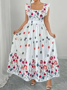 Women's Plus Size Fashion Casual Wear Layered Elegant Plant Print Dress, Sleeveless Long Flared Dress, Loose-Fitting Woven Fabric, All Seasons, Summer