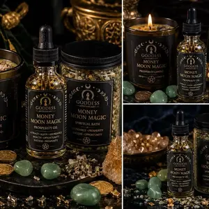Goddess Apothecary Money Set - Fragrance Candle, Aroma Oil & Spiritual Bath Supplies for Room Decor & Ambient Light Lavender Scented New Year's Warm Cashmere Relaxing Fall Spiced