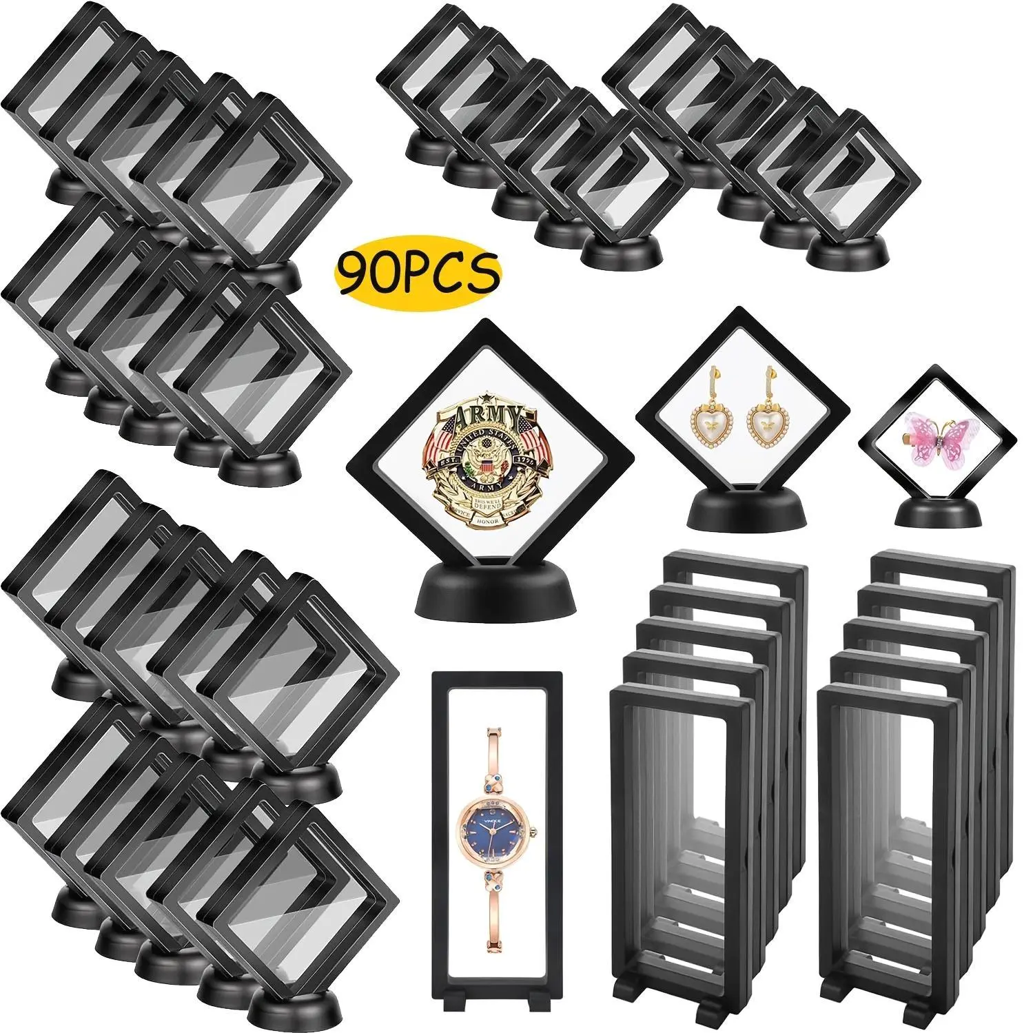 90pcs Coin Holder Challenge Coin Display - 3D Floating Jewelry Trinket Holder, Gemstone AA Medal Collectible Coin Display Case, Modern Showcase Frame