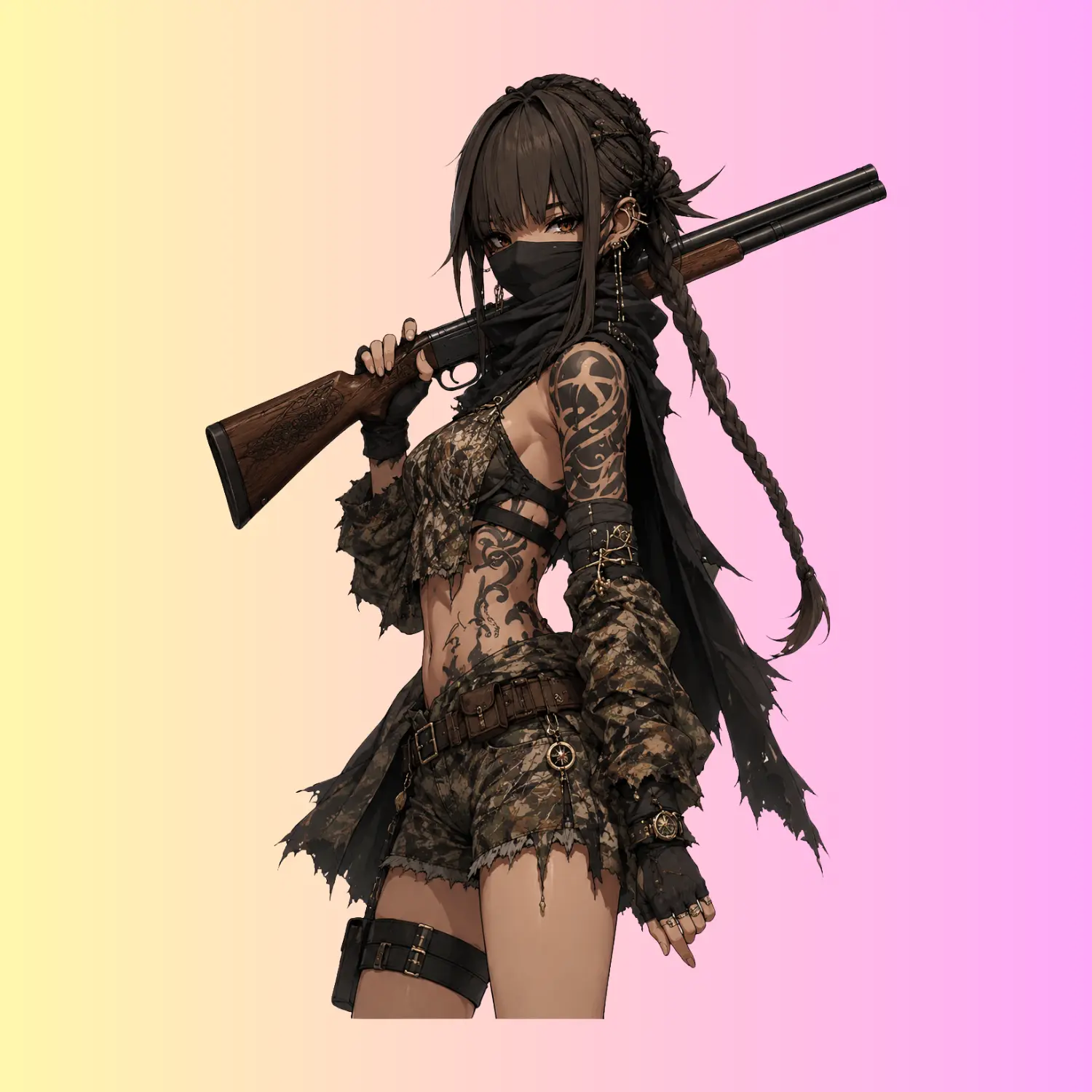 Masked Camo Huntress Sticker, Anime Tactical Shotgun Hunter Waterproof Vinyl Decal for Truck Laptop Tumbler