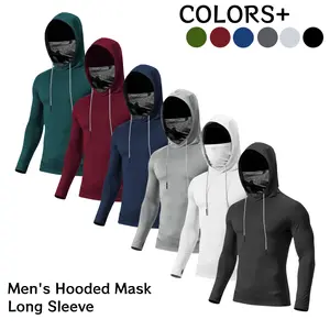 Men’s UV protection hooded long-sleeve compression shirt; available in multiple colors; lightweight UPF sun protection, soft and breathable; fishing hoodie with built-in mask; quick-dry, four-way stretch fabric; base layer for fishing, hiking, and running