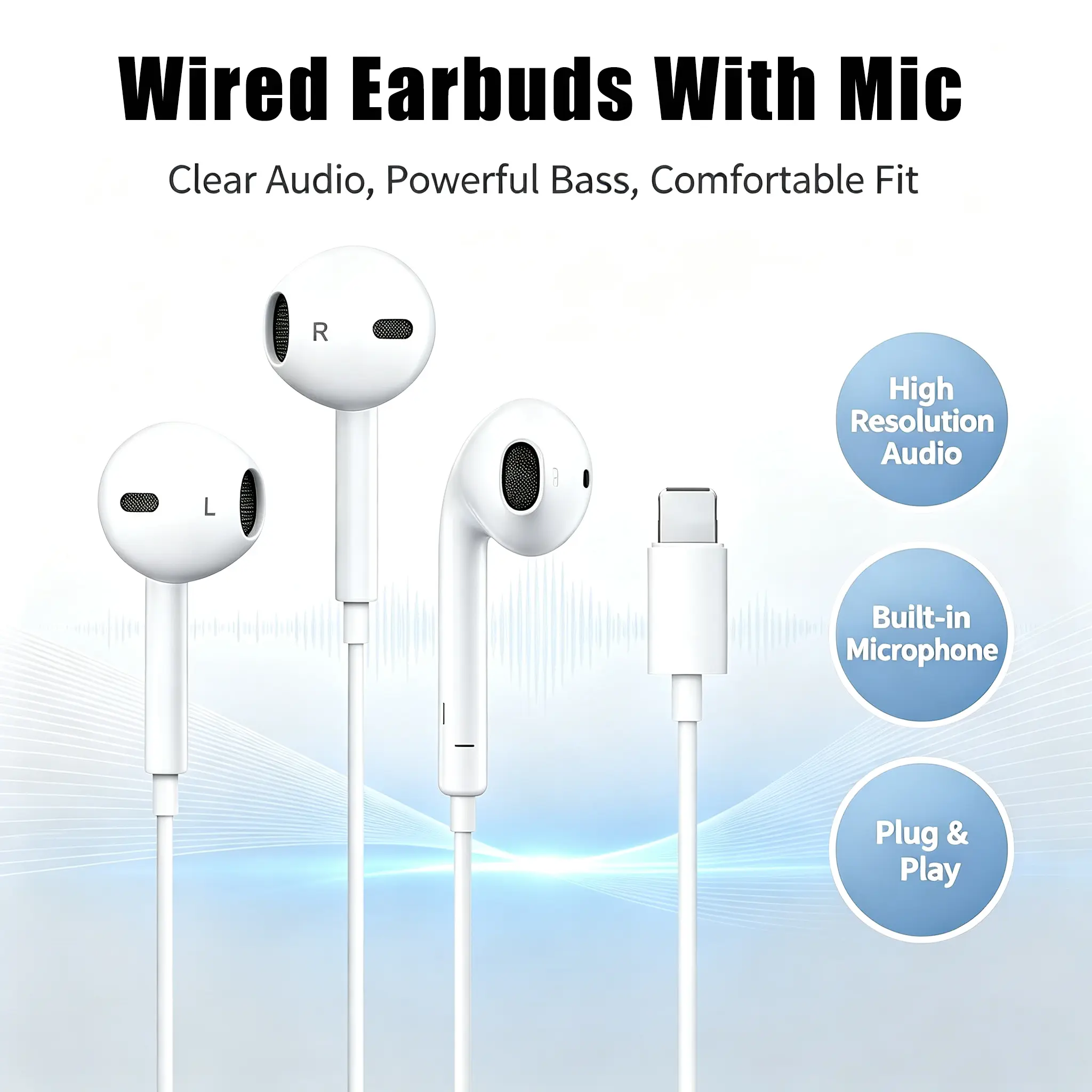 Wired Lightning Portable Earphones - Hi-Res Audio Semi In-Ear Headbuds with Volume Remote, Clear Call Microphone, Tangle-Free Cable, Compatible with iPhone, iPad, iPod for Students