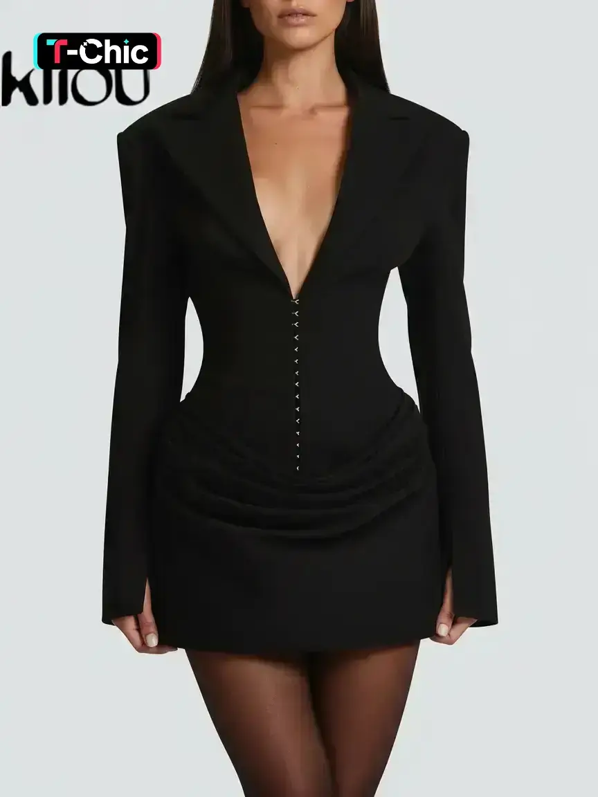 Kliou Women's Slim-Fitting Deep V-Neck Waist Cinched Dress, Sexy Plain  Short Suit Dress Formal Wear for Fall & Winter, Stylish and Fitted Design -  TikTok Shop