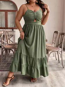 Women's Plus Size Fashion Minimalist Casual Shirred Dress, Loose-Fitting Sleeveless Midi Dress, Plain Woven Fabric, Elegant All Seasons Wear, Elegance, Womenswear
