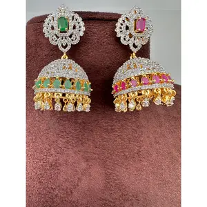 Diamond Finish Color Stone Jhumka Earings