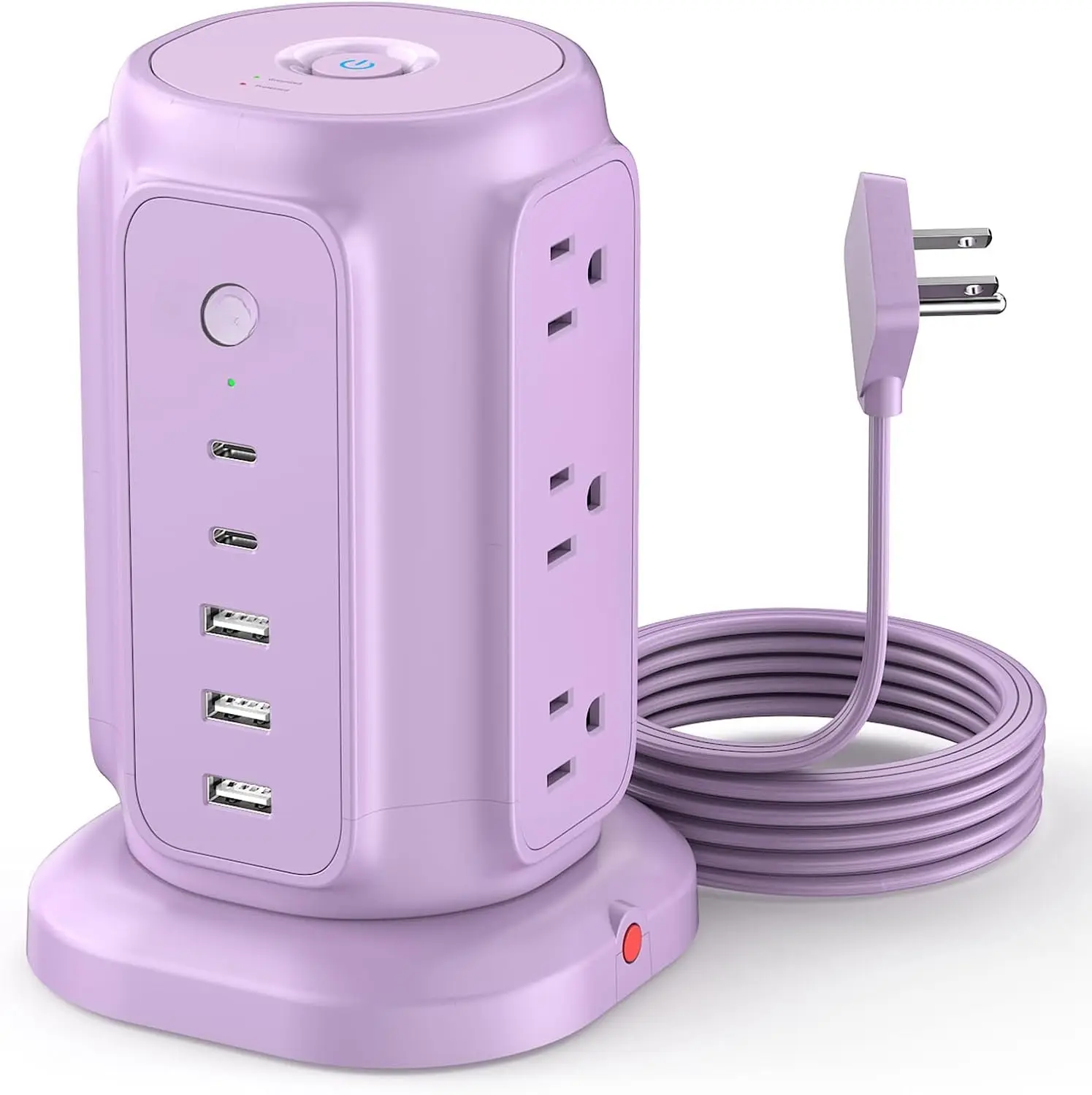 Power Strip Tower with 9 Outlets and 5 USB Ports (2 USB C), 1200J Surge Protection, 1625W Flat Plug Extension Cord with Multiple Outlets Extender for Dorm  Office Supplies, Purple
