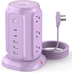 Power Strip Tower with 9 Outlets and 5 USB Ports (2 USB C), 1200J Surge Protection, 1625W Flat Plug Extension Cord with Multiple Outlets Extender for Dorm  Office Supplies, Purple