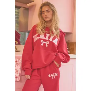 Kaiia Bow Embroidered Oversized Hoodie Red & Baby Pink