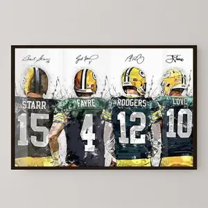 Green Bay Packers Jordan Love Aaron Rodgers Brett Favre Canvas Wall Art - 3 Styles: Unframed, Wood Frame, Premium Black Aluminum Frame with Crystal Clear Acrylic Panel, Man Cave Kids Room Decor