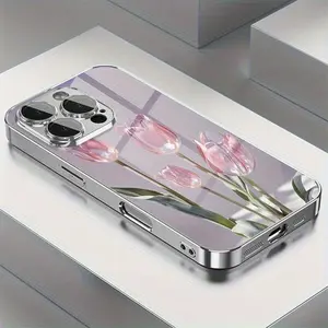 Pink Glass Tulip Pattern Electroplated Phone Case with Lens Protection for iPhone 16,15,14,13,12,11, Beautiful and Elegant