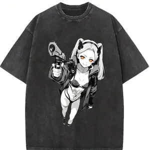 Lucy × David - Cyberpunk Anime Double Printed Vintage Washed Tee Unisex Oversize Heavyweight Cotton T-shirt for Anime Fans and Lovers