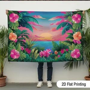 1pc Reusable Polyester 2D Flat Tropical Palm Leaf & Hibiscus Flower Sunset Banner - Vibrant Pink-Yellow-Green-Blue-Turquoise Wall Hanging, Home & Party Decor for Hawaiian Luau, Birthday