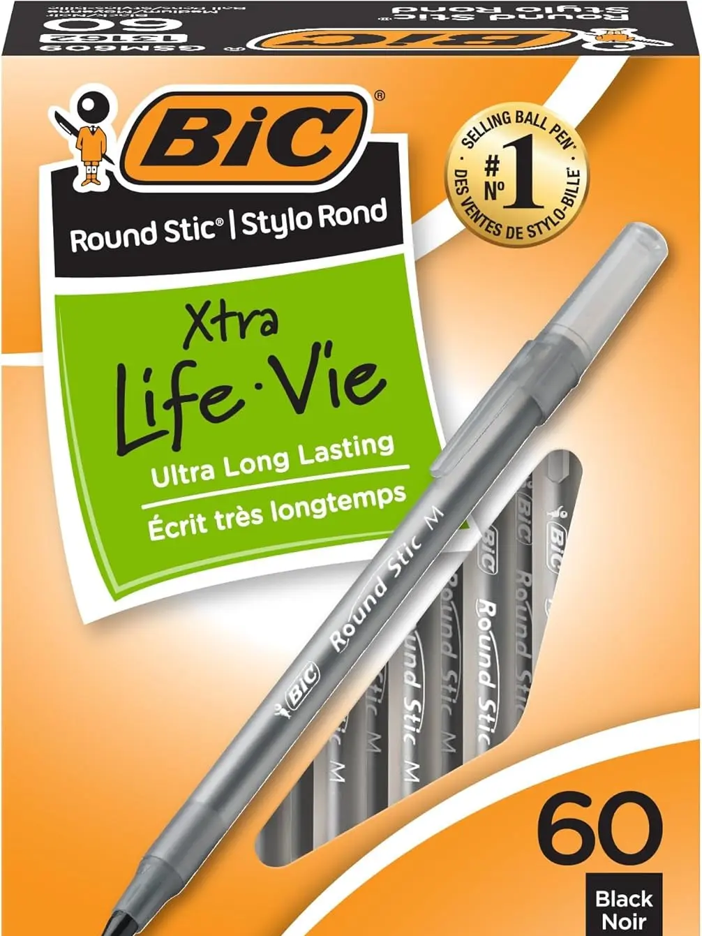 BIC Round Stic Xtra Life Ballpoint Pen, Ultra Long Lasting and Consistent Ink Flow, 60-Count in Black Ink