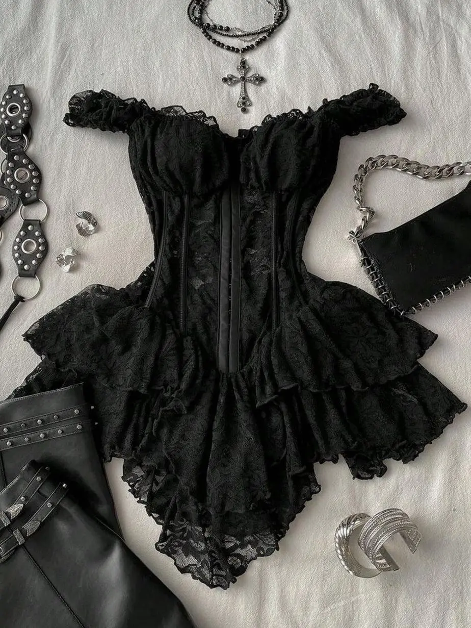 Attitoon Women's Black Summer Goth Corset Lace Bodycon Mini Dress,Vintage Y2K Asymmetrical Hem Elegant Party & Casual,Night Club Music Festival Outfits