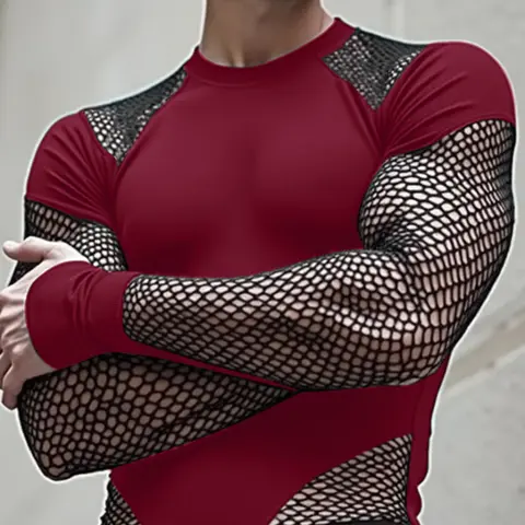 Men's Fashion Bodysuit, Sexy Long Sleeve Fishnet Design Bodysuit, All Seasons Wear, Sheer Overalls