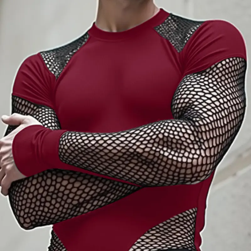 Men's Fashion Bodysuit, Sexy Long Sleeve Fishnet Design Bodysuit, All Seasons Wear, Sheer Overalls