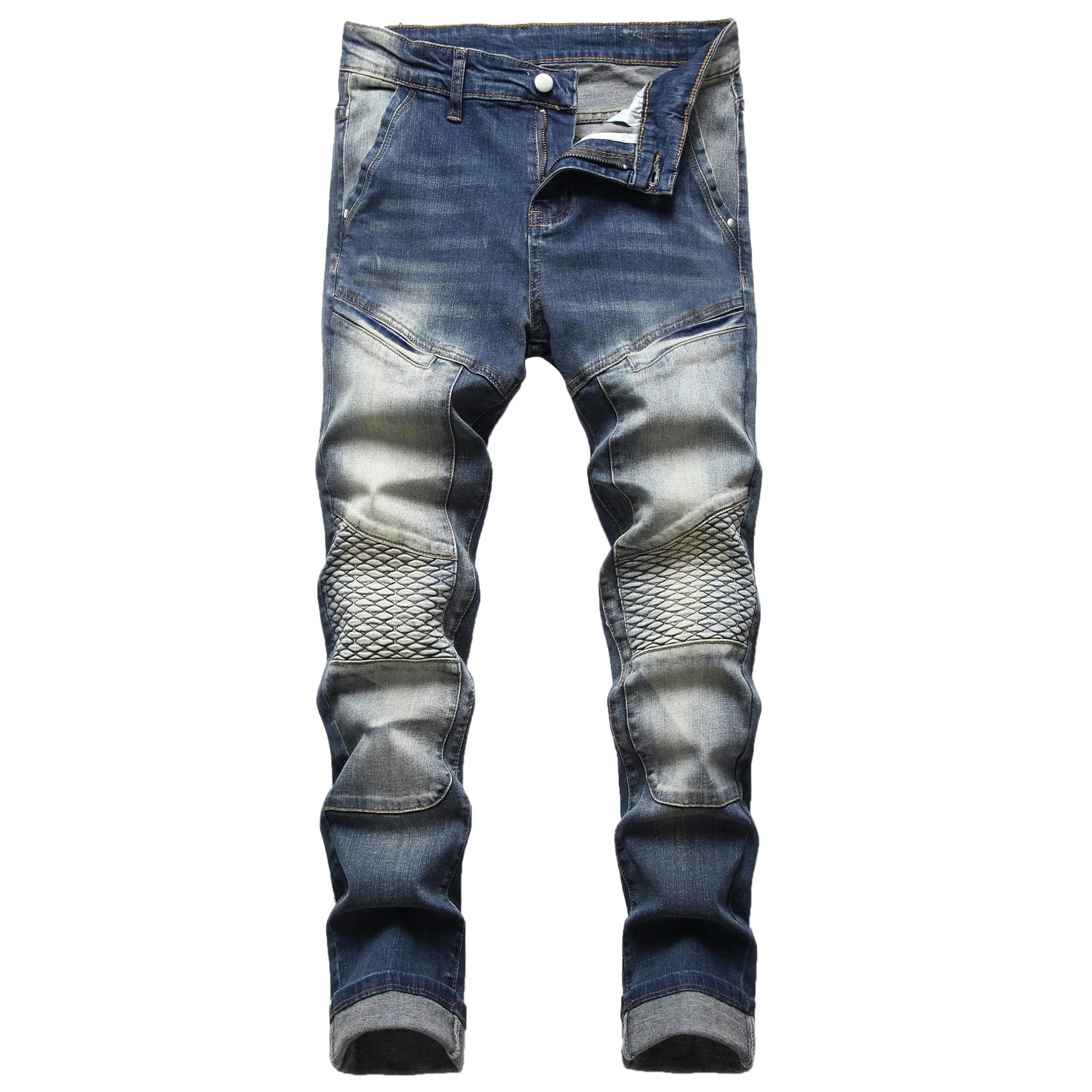 JUNBAOSS Men's Slim Fit Biker Jeans in Distressed Stretch Denim with Quilted Stitch Knee Patches and Zipper Fly, Natural, Menswear, Basic, Classic pant washed, Casual, Gradient, Retro streetwear