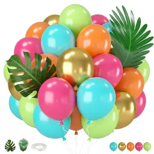 Tropical 12 Inch Teal, Gold, Orange, Pink & Green Balloons with Palm Leaves for Luau & Summer Party Decor