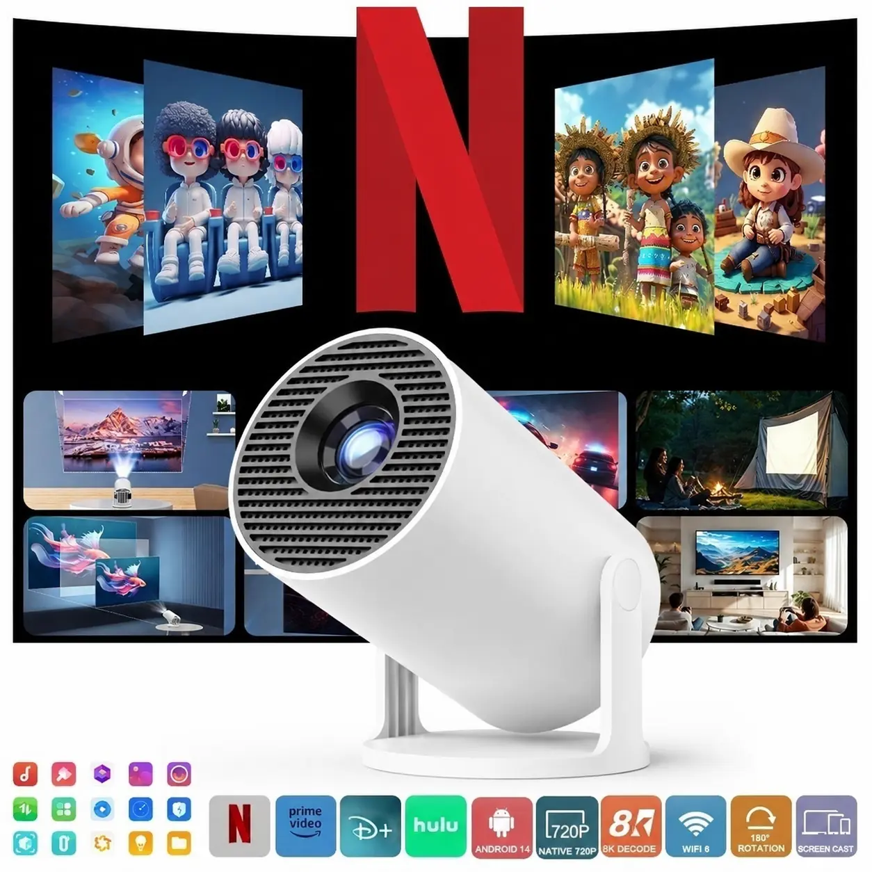 HY300Pro+ Mini Projector with 290ANSI Lumens Auto Keystone Correction Dual-Band WiFi6 & Bluetooth 5.4 Android 14 1280x720P 4K Decode  for Home Cinema Portable Movie Theater Gift - Audio 4K/1080P Support #TikTokShopBackToSchool