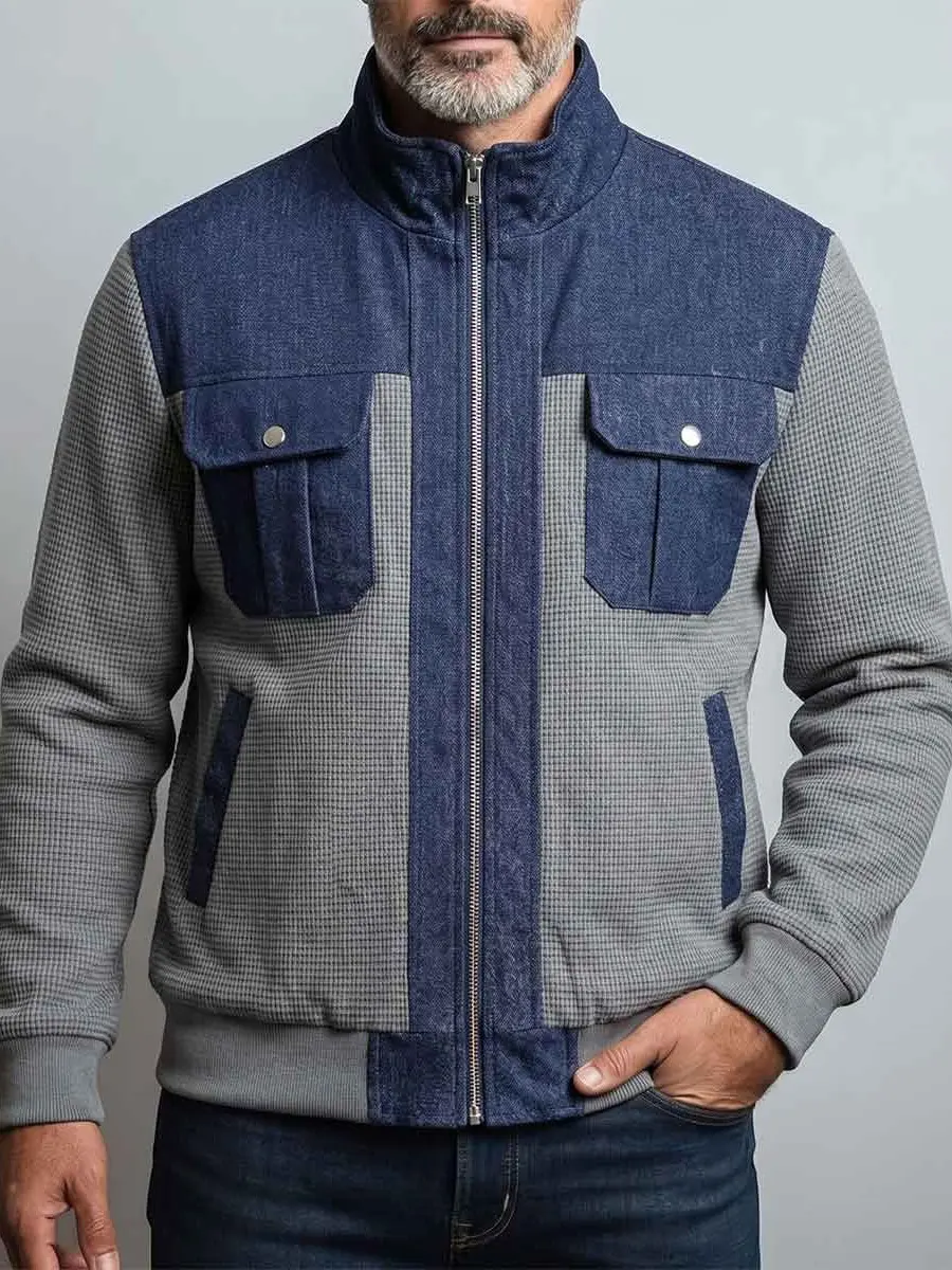 Men's Minimalist Waffle Knit Jacket, Denim Patchwork Stand Collar Zip-Up Outerwear, Lightweight Fabric Tops for Office & Casual Wear, Menswear, Textured, Pocket, Classic, Long Sleeve, Thin, Zipper