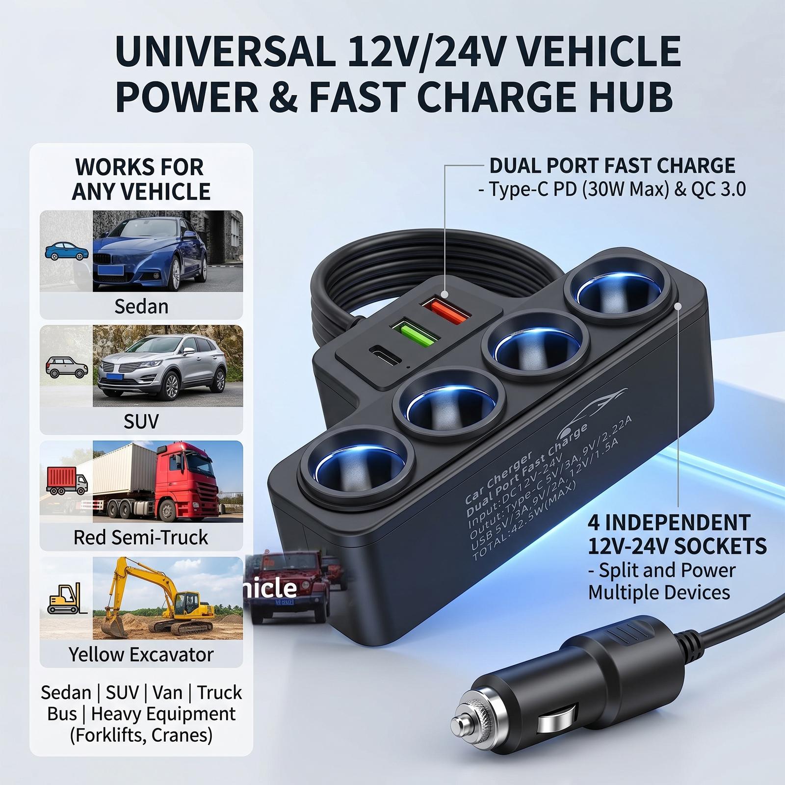 Car Cigarette Lighter Splitter, 4 in 1 Multi-Function Outlet Adapter with PD Fast Charger & 2 USB Ports, Cell Phone Car Charger for iPhone Android GPS Dash Cam – Road Trip Essential