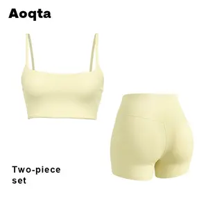Aoqta Women's Square Neck Halter Neck Crop Top & High-Waisted Butt-Lift Shorts Set Sexy Slim Fit Stretch Yoga Activewear for Gym Workout Daily Casual
