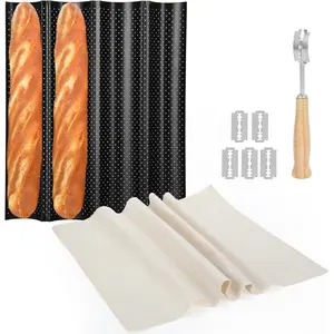 4-Slot French Baguette Pan Set Non-Stick French Bread Pan Baguette Baking Pan with Proofing Cloth Bread Lame Home Baking Tools Kit for Homemade Bread