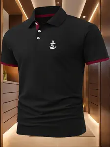 Men's Regular Fit Anchor Print Polo Shirt, Business Casual Short Sleeve Half Placket Collar Top for Summer, Fashion Men's Clothes for Daily Wear, Gamis, Menswear