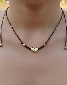 Adjustable Brown Thread Necklace with Brass Heart and 18k Gold Plating
