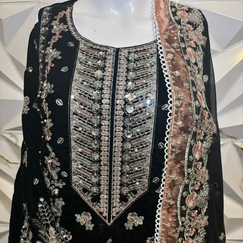 Pakistani Hand Embroidered Velvet Shafon Dabata Silk Trousers with Intricate Gemstone Details and Floral Accent