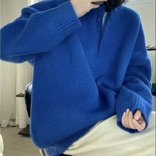 Electric Blue Button Down Sweater - Soft Knit, Long Sleeve, Loose Fit, Perfect for Casual Wear