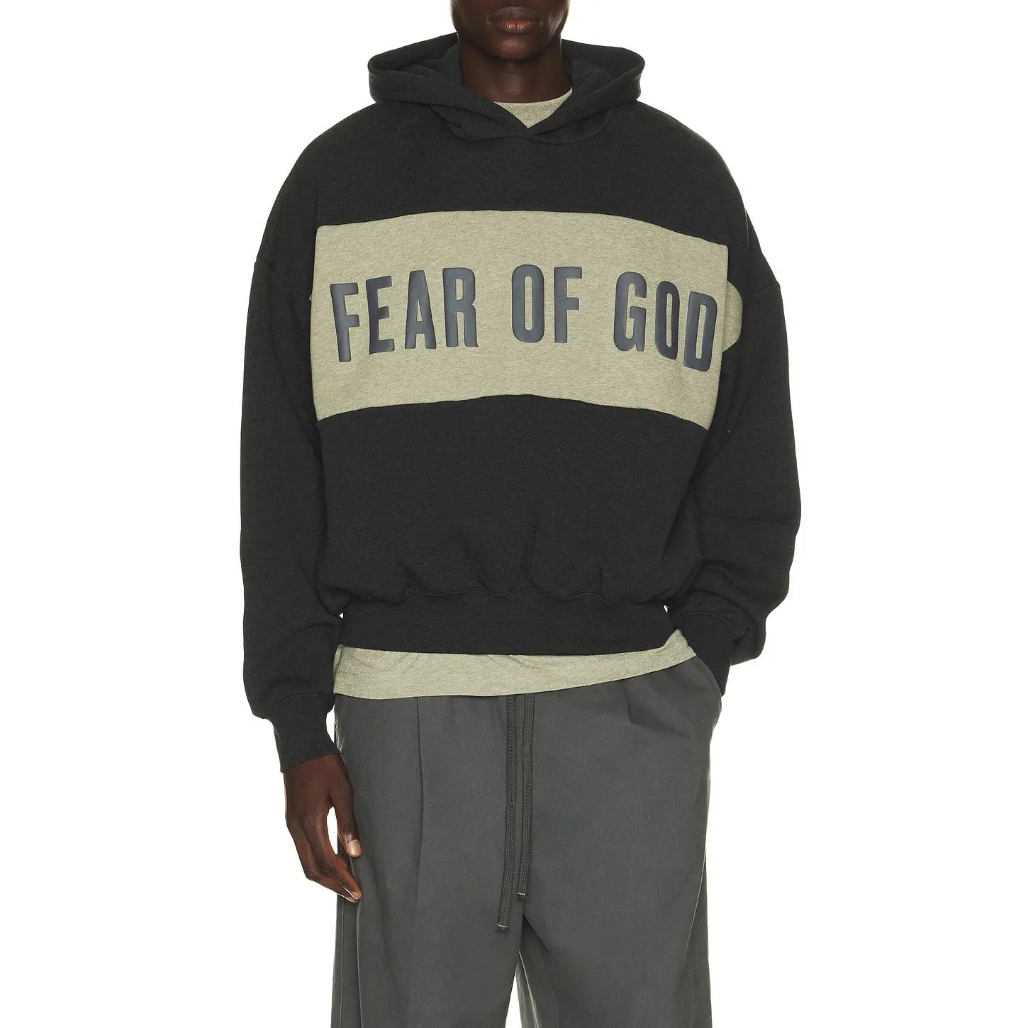 Fear of God ESSENTIALS Cropped Relaxed Panelled Hoodie in Iron Grey Heather & Seal Heather