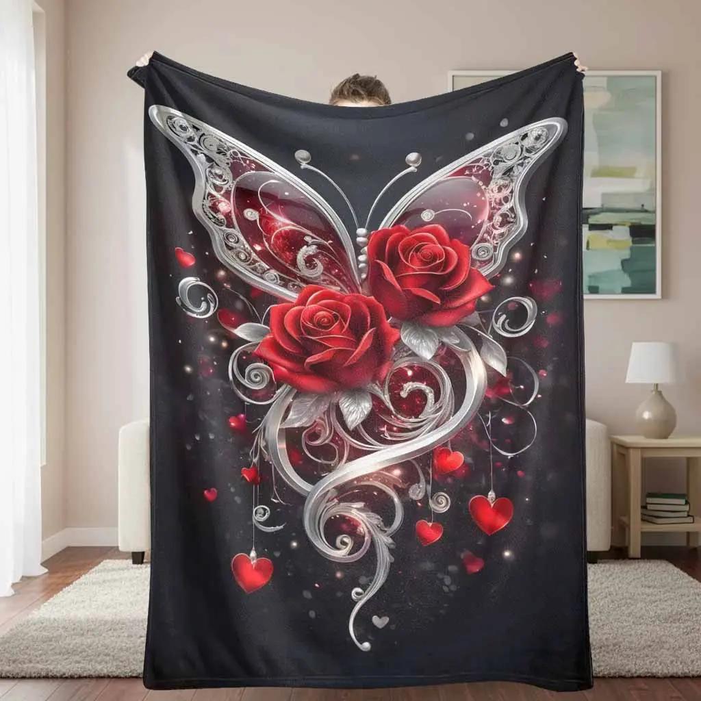 Romantic Butterfly & Red Rose Flannel Blanket with Elegant Heart Pattern - All Season, Lightweight, Soft Comfy Throw for Bedroom, Living Room - Giftable, Heartfelt Gift Blanket for Anniversary, Valentine’s Day, All Season Blanket