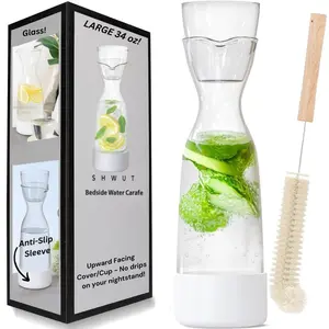 Bedside Water Carafe and Glass Set - Lead-Free Glass Carafe w/Brush - Anti-Skid & Ergonomic Handle Bedside Water Dispenser - Dishwasher Safe & Microwave Safe Carafe Set for Table or Nightstand
