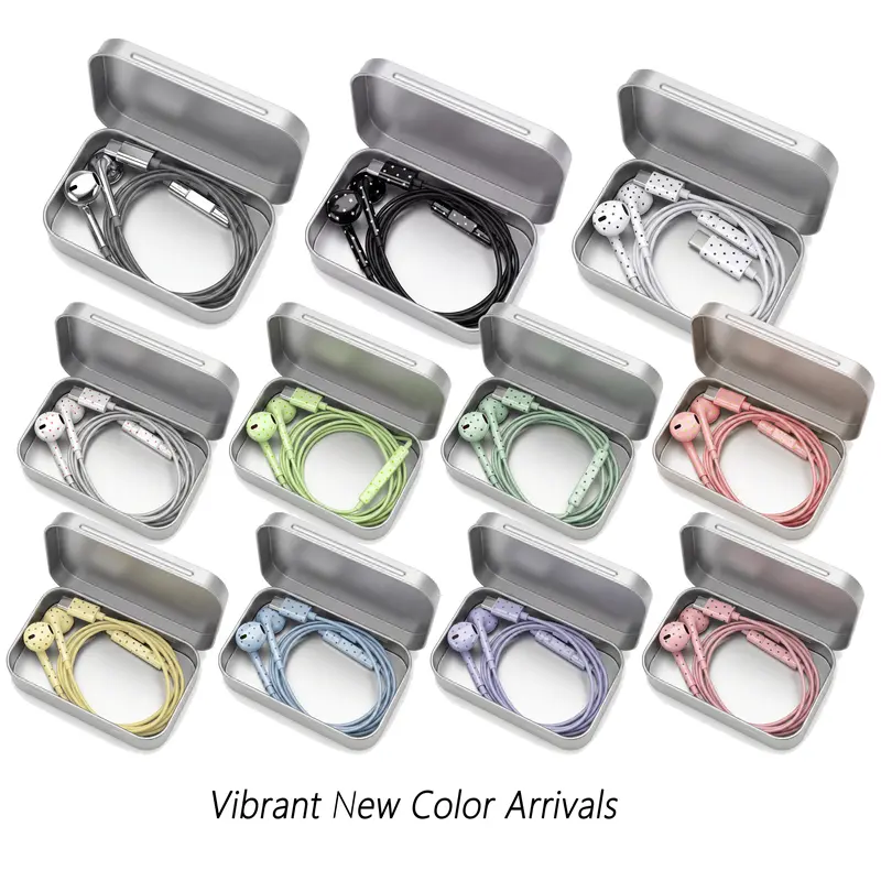 Colnel Vibrant Color USB-C Wired In-Ear Headphones - Cute Polka Dot Stereo Earbuds, Durable Audio Connector Cord, Plug, Remote, Android Compatible, Multi-Use Metal Tin Case, Portable Organizer for School, Travel