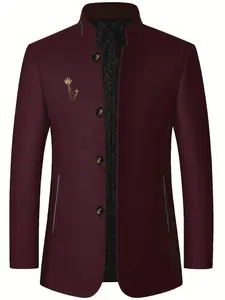 Men's casual formal style lambskin Long Sleeve jacket - stand-up collar single-breasted side pocket jacket, semi-formal office occasions and daily wear in autumn and winter - polyester fiber lining for cold resistance and warmth, texture fabric design