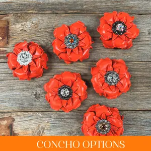 Bright Orange Gardenia Leather Flowers - 1" Crystal Conchos - Options