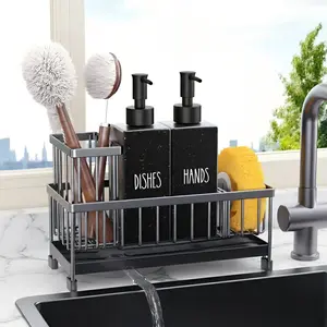 Kitchen Soap Dispenser Set with Sink Caddy, 12 Oz Glass Bottle, Hand and Dish Soap Dispenser Set with Sponge Holder, Black Stainless Steel Kitchen Countertop Sink Organizer Accessories
