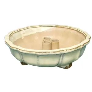 Bonsai Planter Ceramic Footed Glazed Brown and Ivory White Flower Pots & Planters for Bonsai Plants